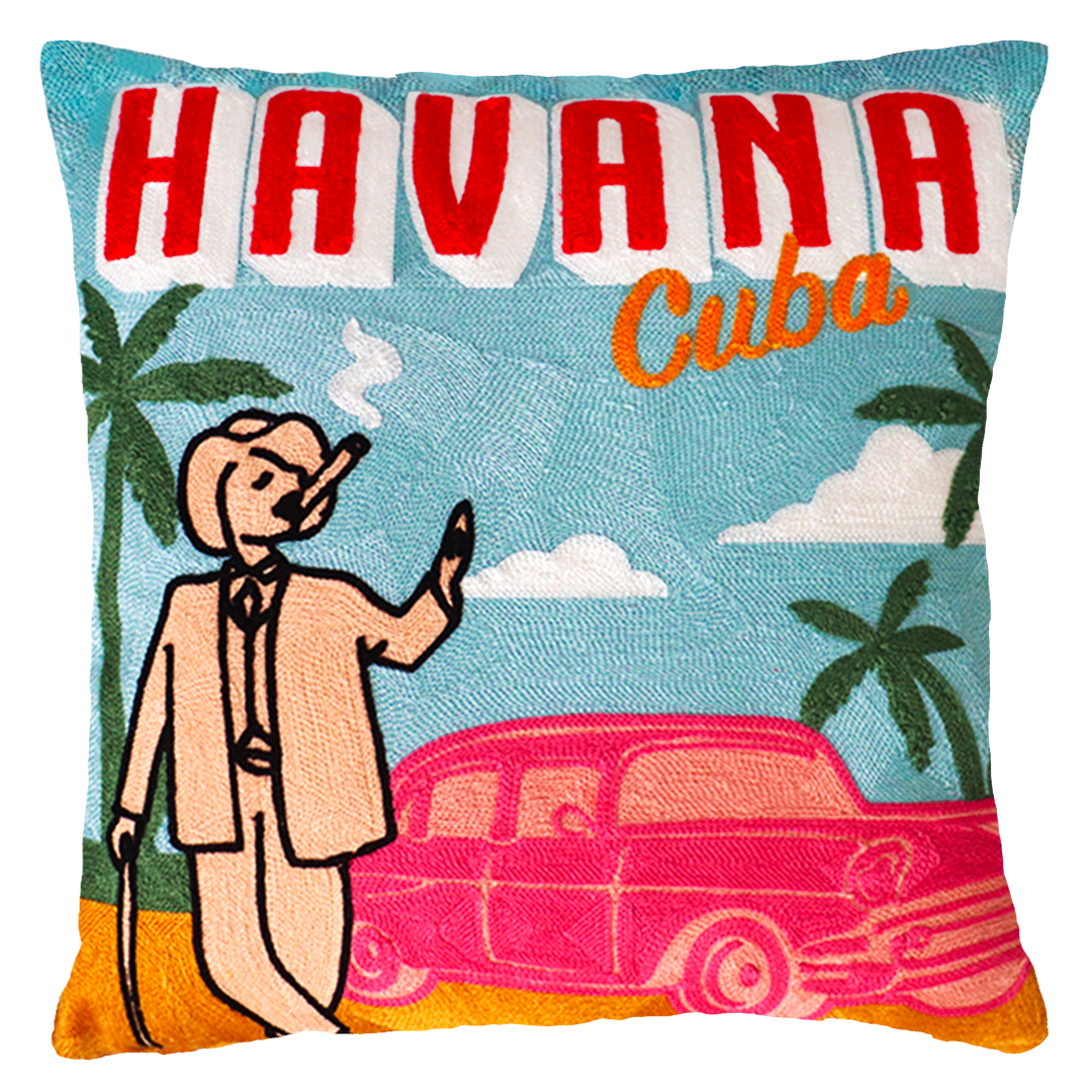 Havana Cuba Needlepoint Cushion – Retro Design, 45cm, Red Velvet Back