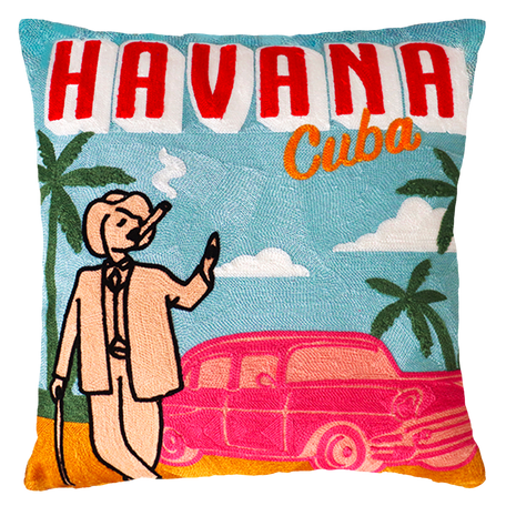 Havana Cuba Needlepoint Cushion – Retro Design, 45cm, Red Velvet Back