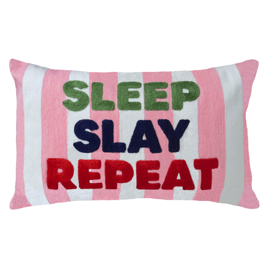 Sleep Slay Repeat Needlepoint Cushion – Pink Stripe, 45cm