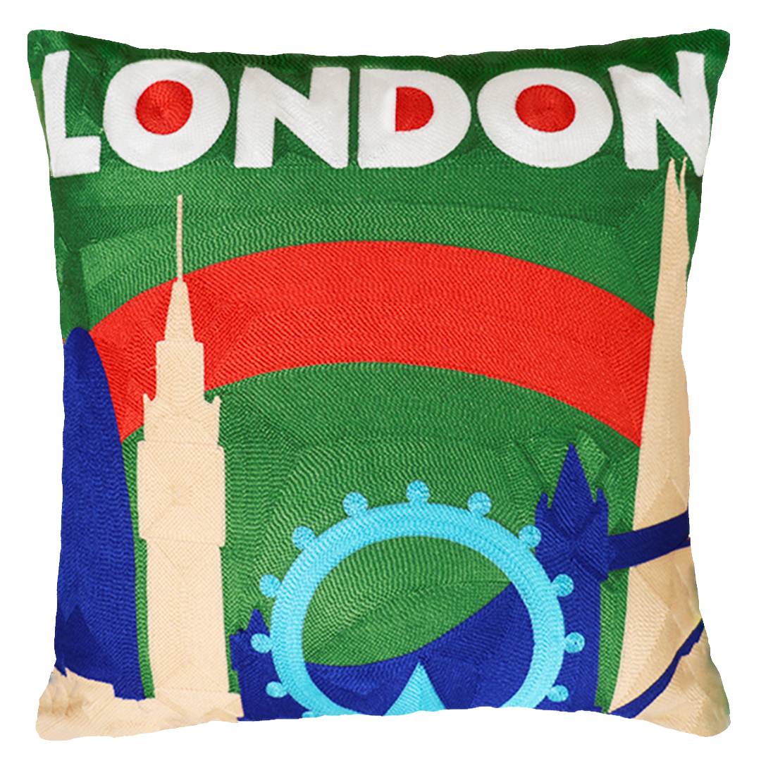 London Skyline Needlepoint Cushion – 45cm, Blue Velvet Back