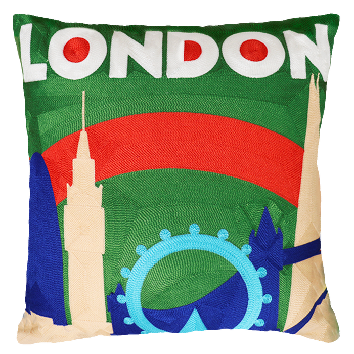 London Skyline Needlepoint Cushion, 45cm, Blue Velvet Back