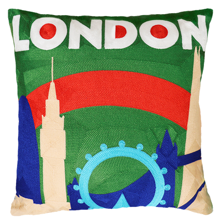 London Skyline Needlepoint Cushion – 45cm, Blue Velvet Back