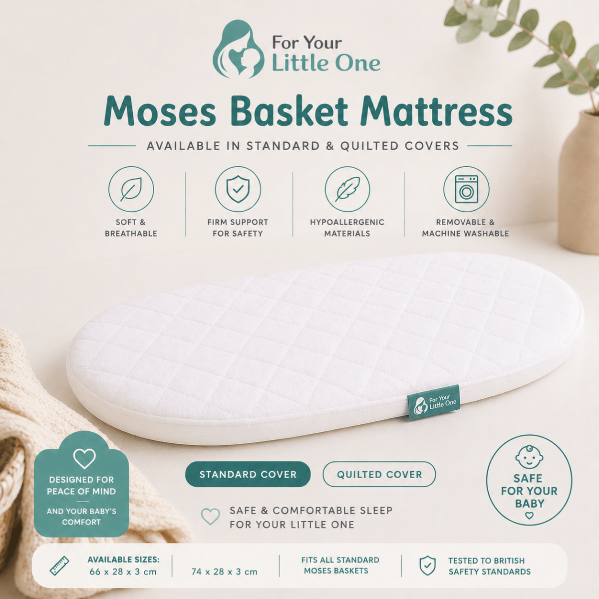 Quilted Moses Basket Mattress 74 x 28cm – Firm Flat Replacement