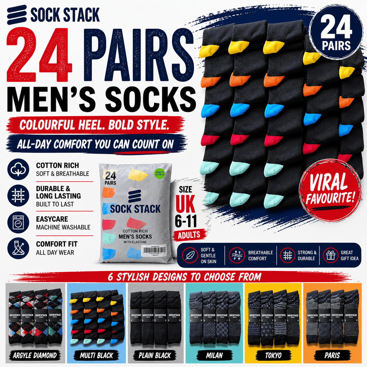 24 Pairs Men's Cotton Colourful Heel Toe Black Argyle Diamond Easycare