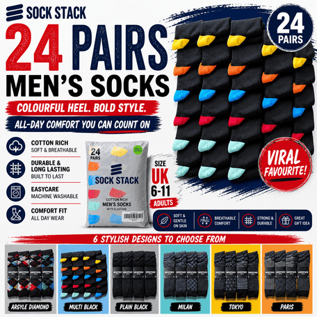 24 Pairs Men's Cotton Colourful Heel Toe Black Argyle Diamond Easycare