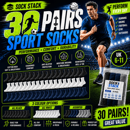 30 Pairs Men's Cotton Rich Performance Sport Socks UK 6-11 Black Grey White