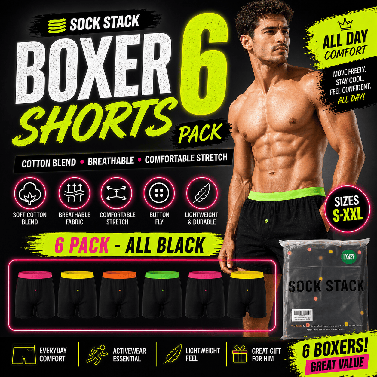 6 Pack Black Cotton Blend Boxer Shorts Men's Breathable Stretch Colorful