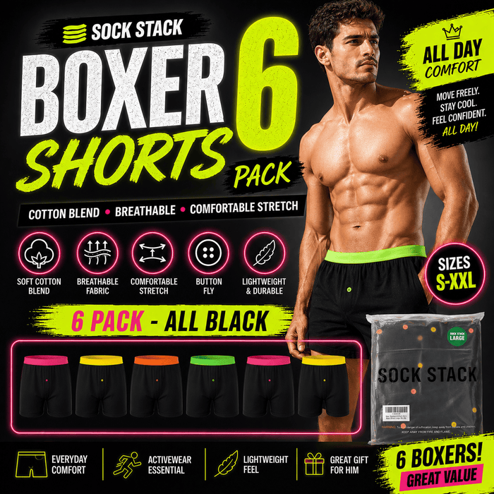 6 Pack Black Cotton Blend Boxer Shorts Men's Breathable Stretch Colorful