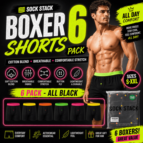 6 Pack Black Cotton Blend Boxer Shorts Men's Breathable Stretch Colorful