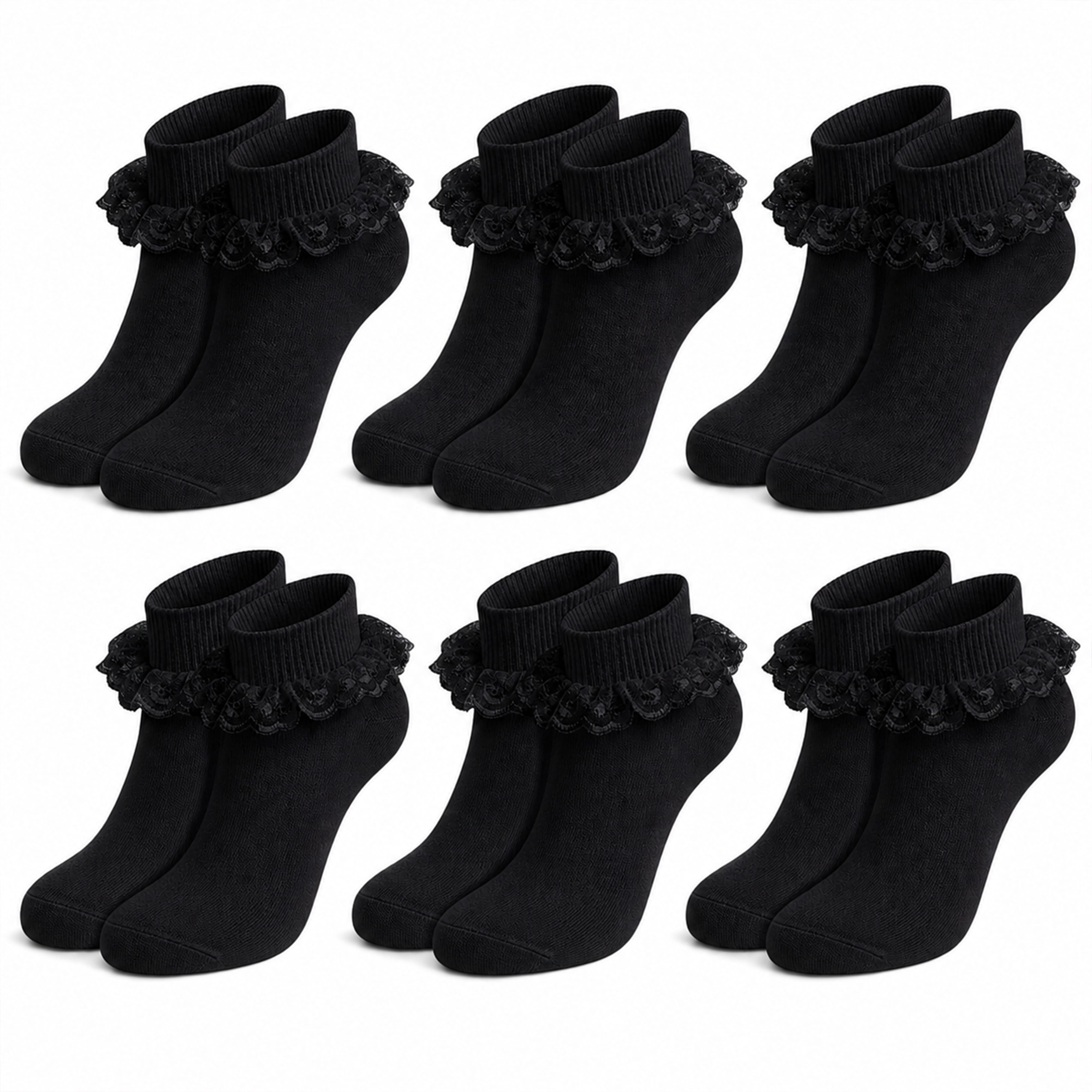 6 Pairs Black Girls' Tutu Frilly Ankle Socks With Lace And Bow Super Soft