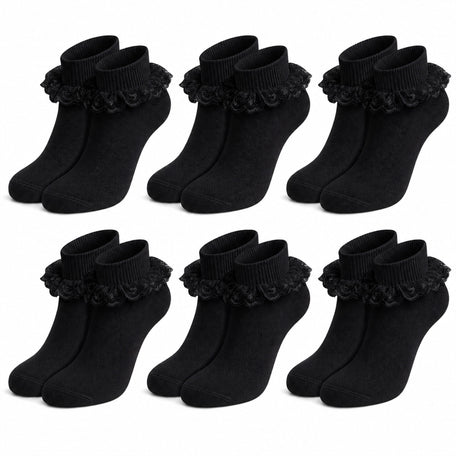 6 Pairs Black Girls' Tutu Frilly Ankle Socks With Lace And Bow Super Soft