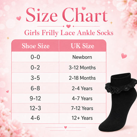 6 Pairs Black Girls' Tutu Frilly Ankle Socks With Lace And Bow Super Soft