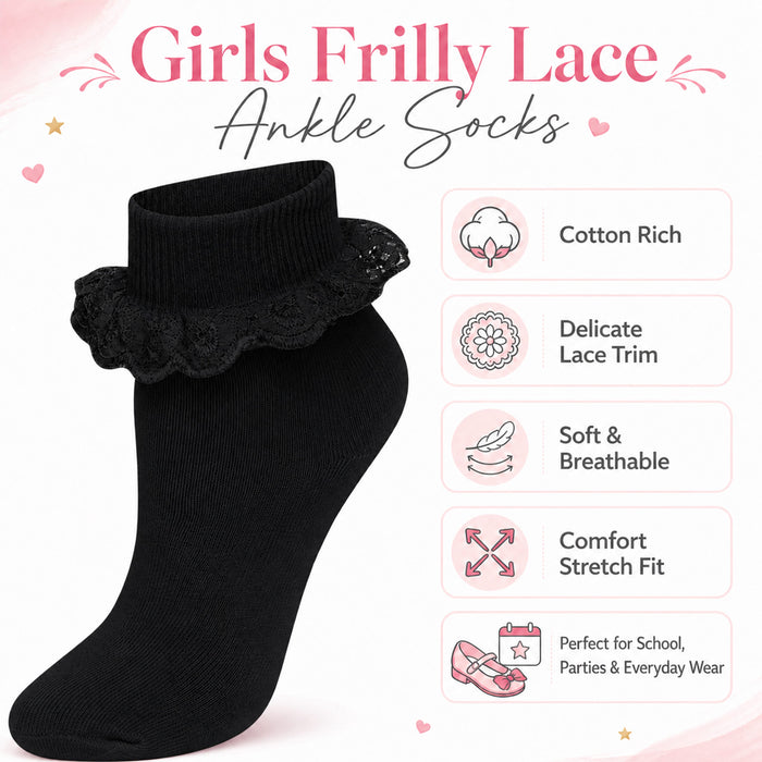 6 Pairs Black Girls' Tutu Frilly Ankle Socks With Lace And Bow Super Soft, image 2