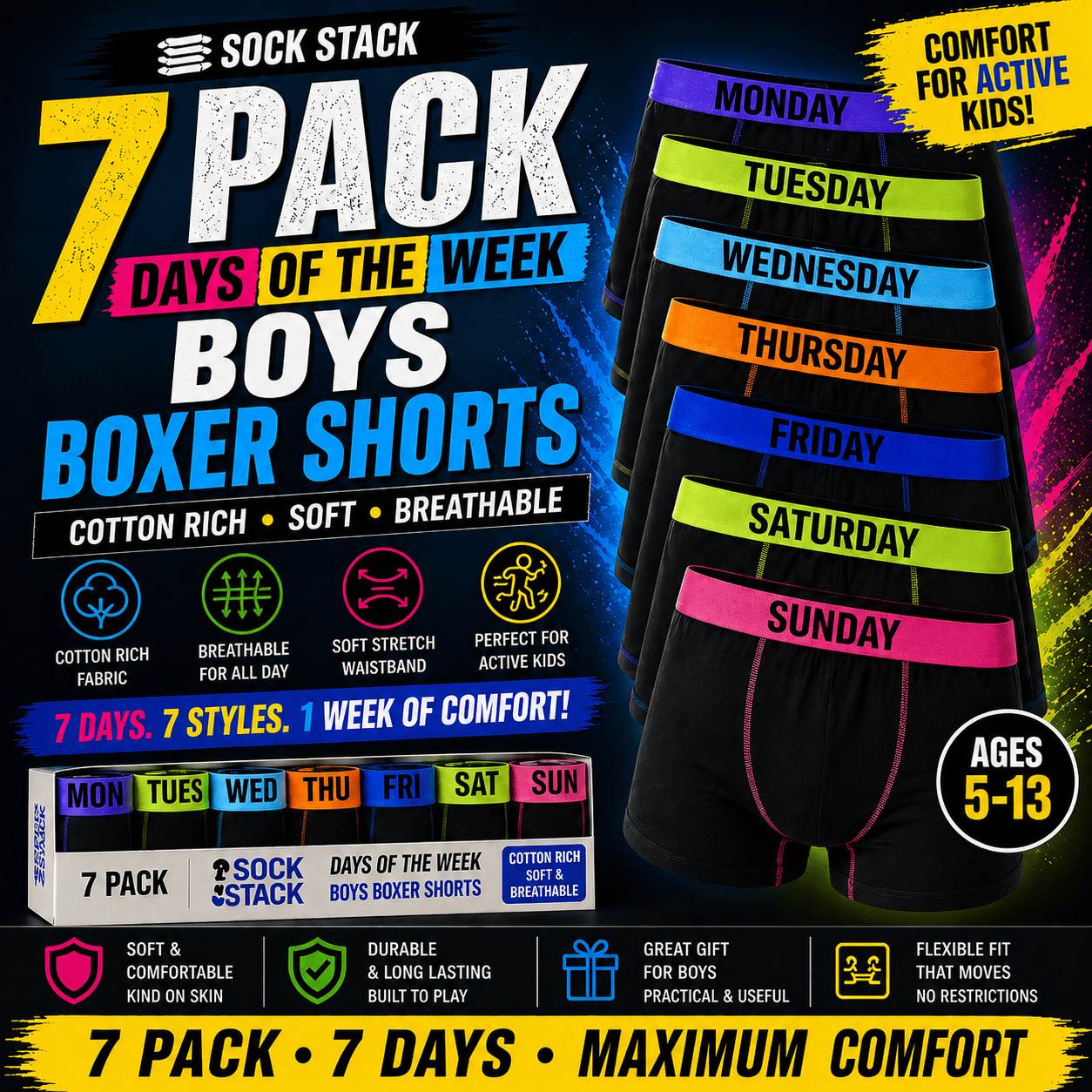 7 Pack Boys' Cotton Rich Boxer Shorts Trunks Ages 5-13 Assorted Colours