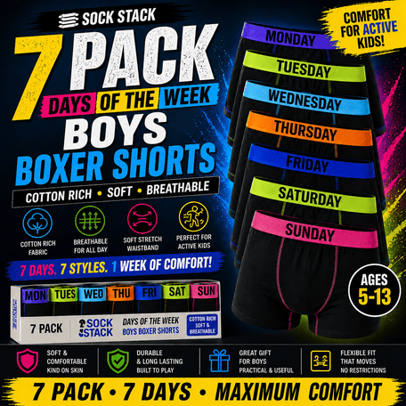7 Pack Boys' Cotton Rich Boxer Shorts Trunks Ages 5-13 Assorted Colours