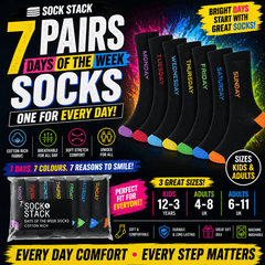 Days Of The Week Socks 7 Pack Cotton Rich Black With Multi colour Heel And Toe