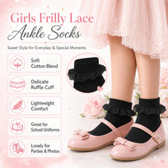 Girls' Cotton Rich Frilly Ankle Socks 6 Pairs Durable Breathable Sculpted Heels