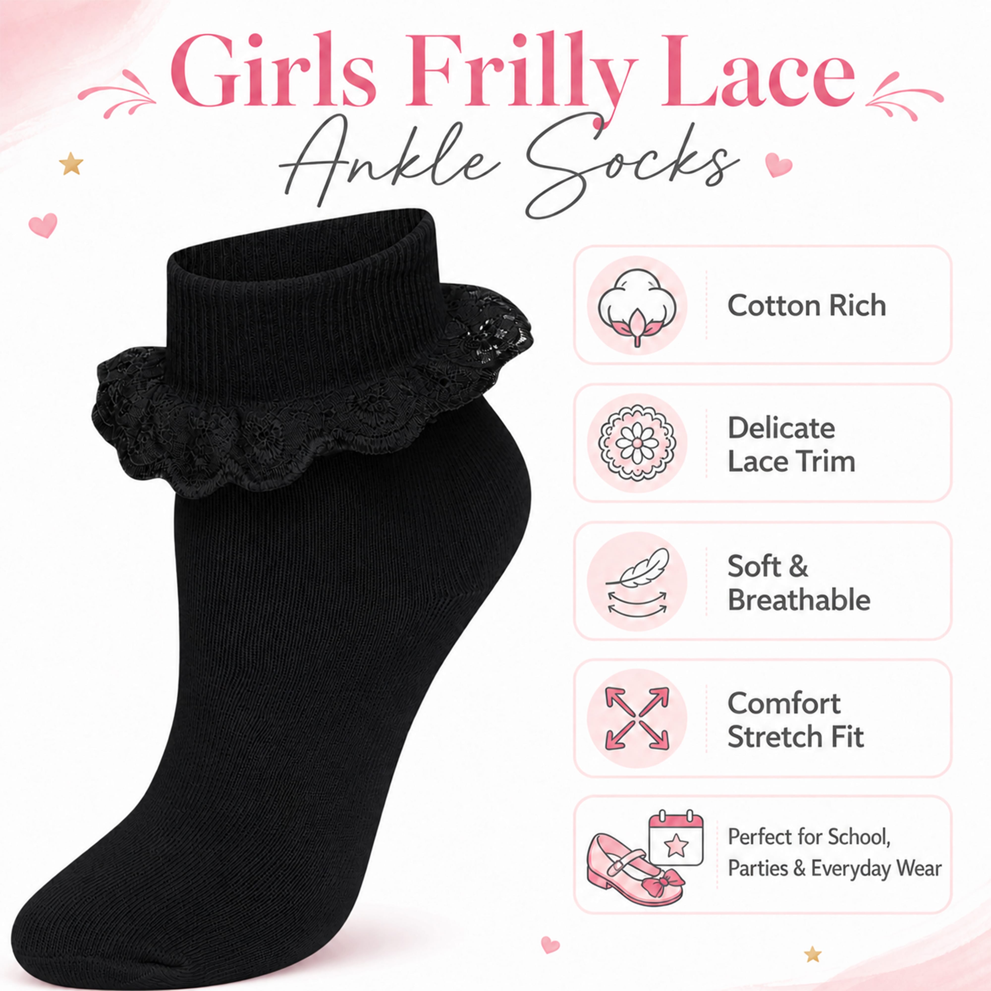 Girls' Cotton Rich Frilly Ankle Socks 6 Pairs Durable Breathable Sculpted Heels