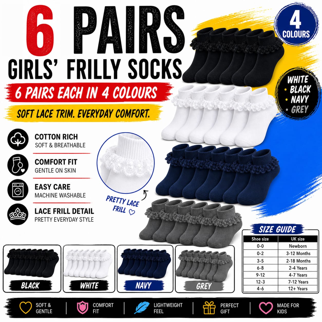 Girls' Cotton Rich Frilly Ankle Socks 6 Pairs Durable Breathable Sculpted Heels