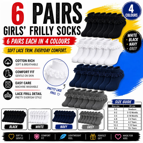 Girls' Cotton Rich Frilly Ankle Socks 6 Pairs Durable Breathable Sculpted Heels
