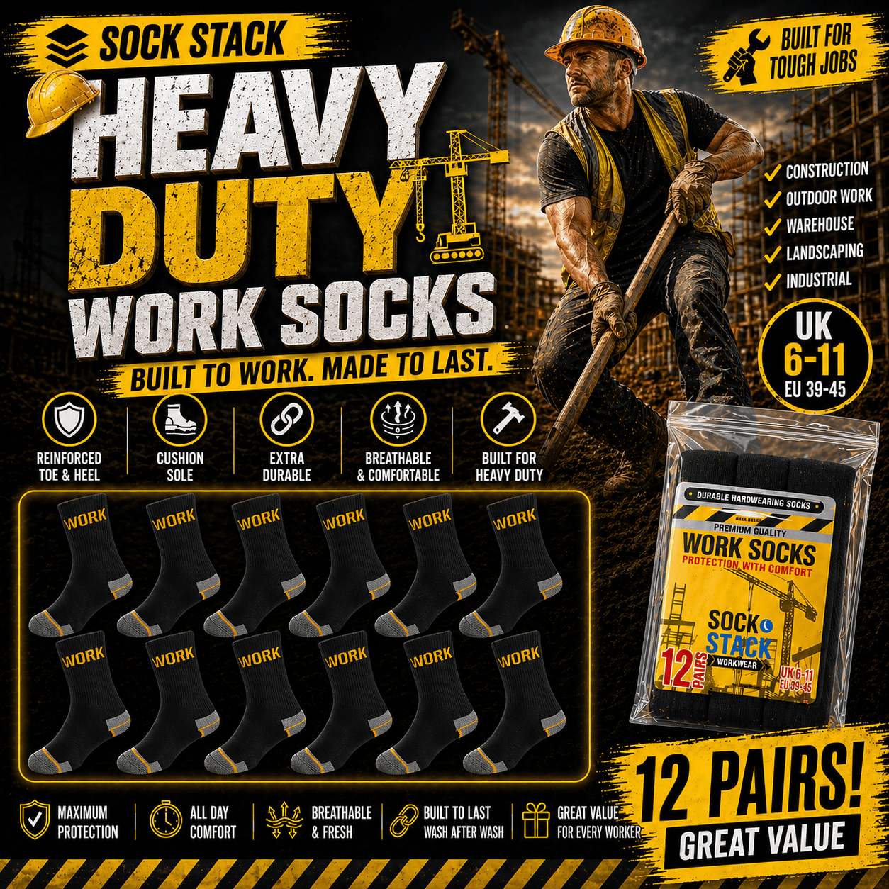 Men's Heavy Duty Work Socks 12 Pairs – Cushioned Sole, UK 6–11