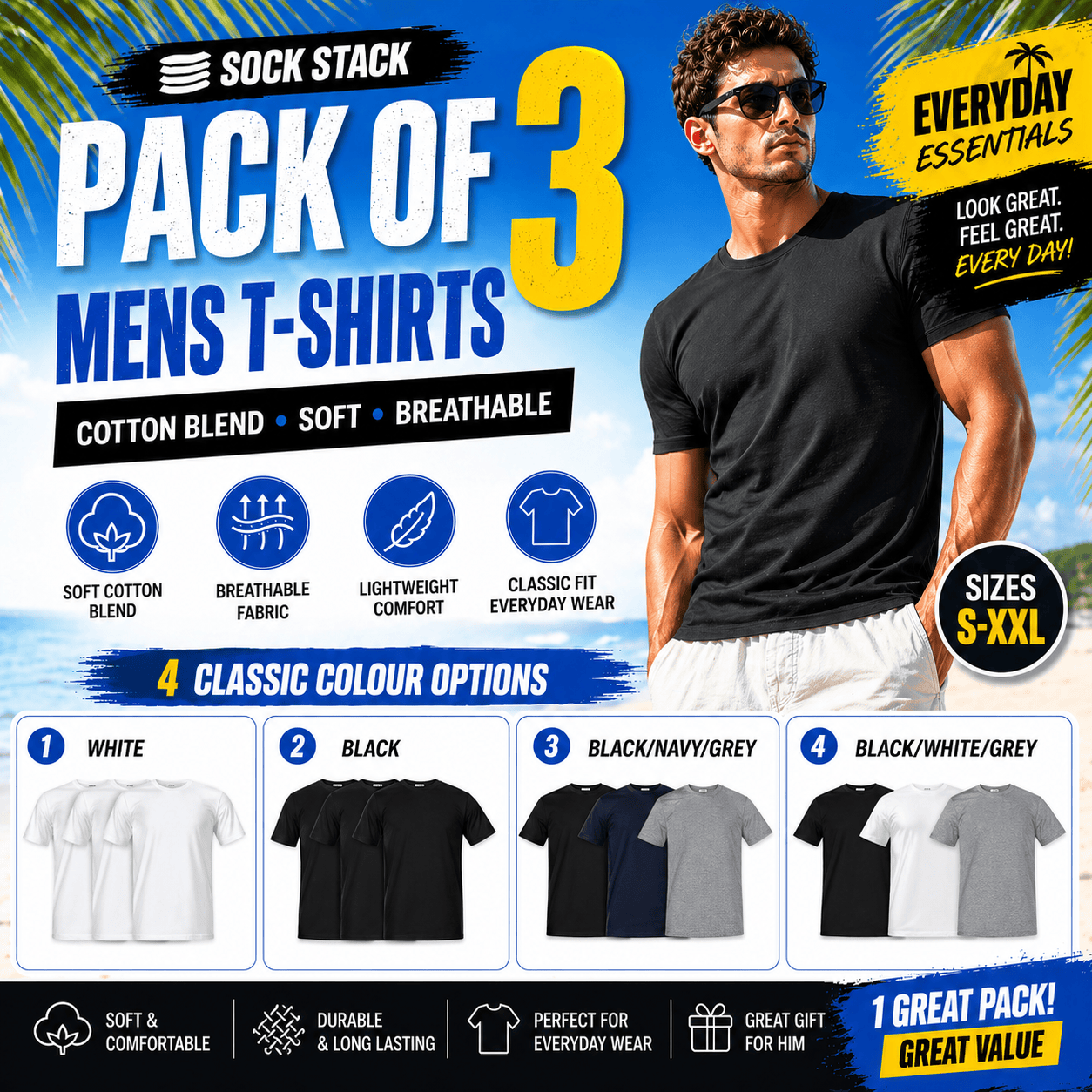 Men's Plain T-Shirts Pack Of 3 Short Sleeve Soft Breathable Cotton Blend