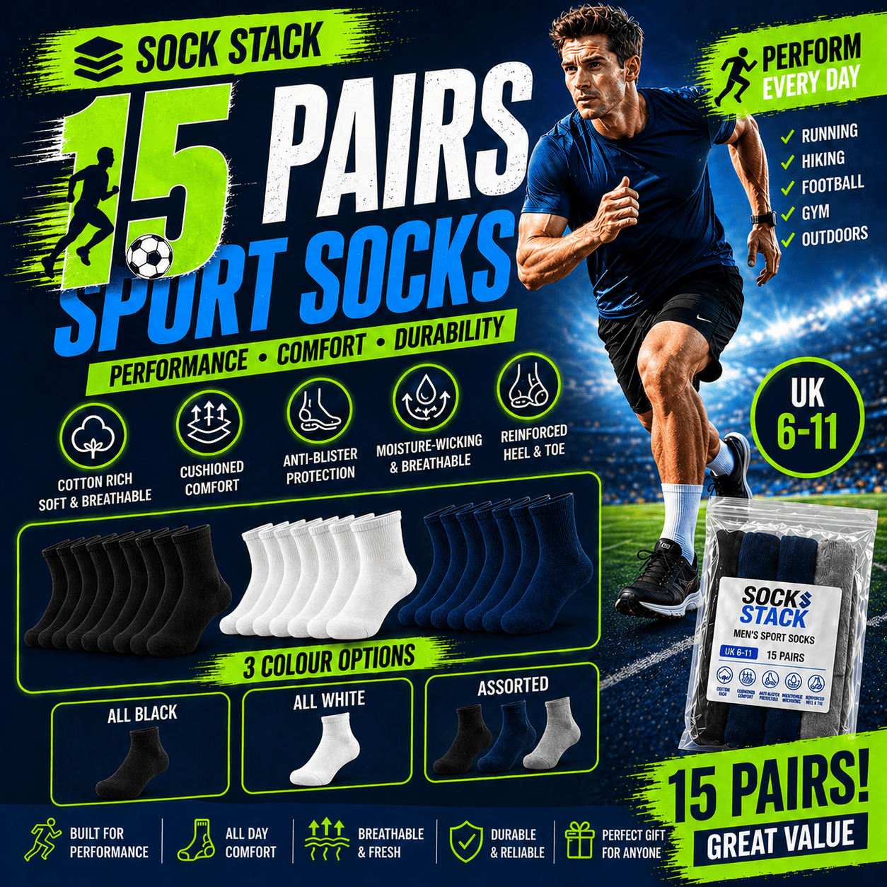 Men's Cotton Rich Performance Sport Socks 15 Pairs UK 6-11 Black Grey White