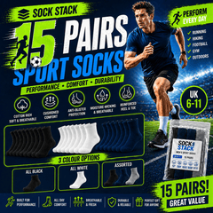Men's Cotton Rich Performance Sport Socks 15 Pairs UK 6-11 Black Grey White