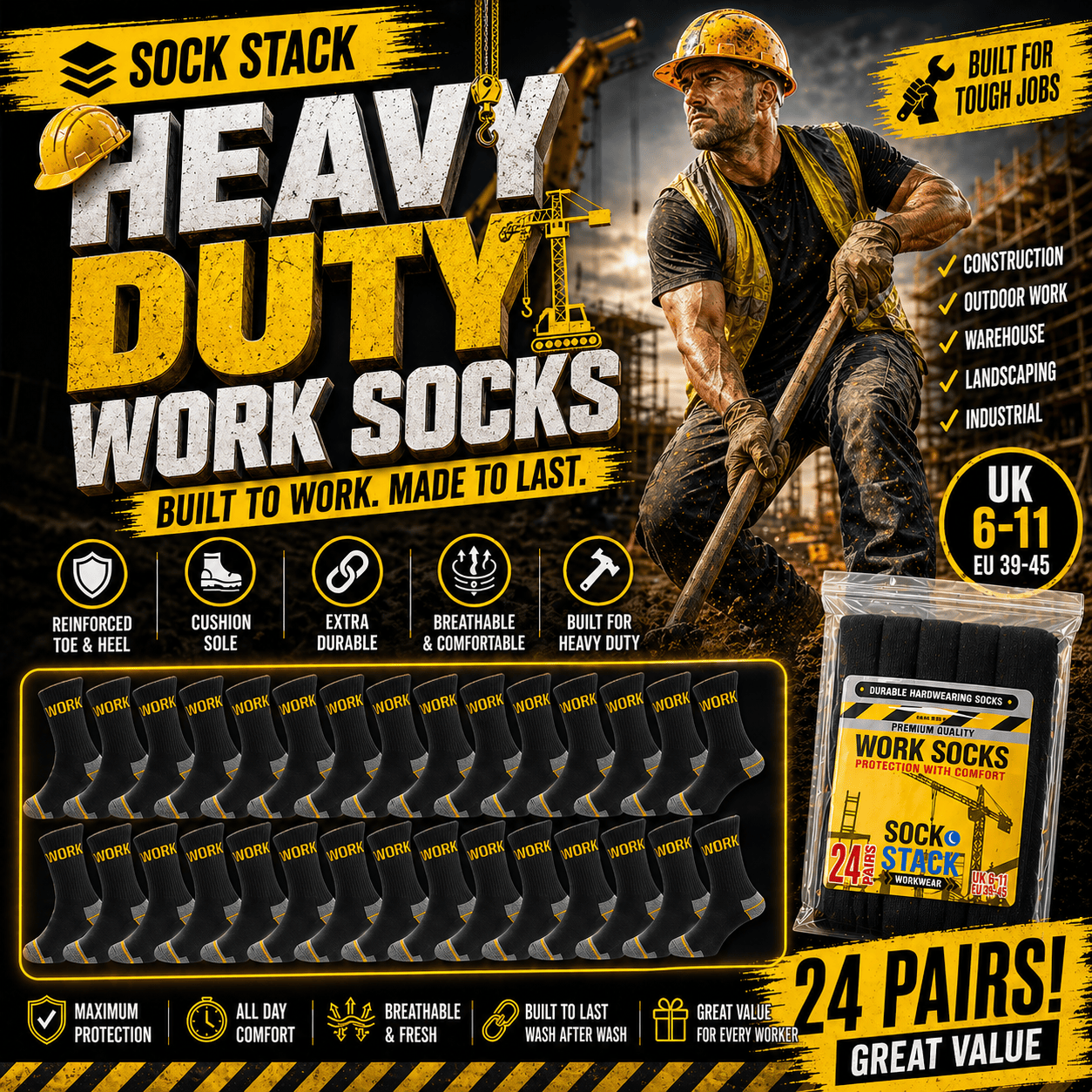 Men's Heavy Duty Work Socks 24 Pairs Cushion Sole Reinforced Toe And Heel Black