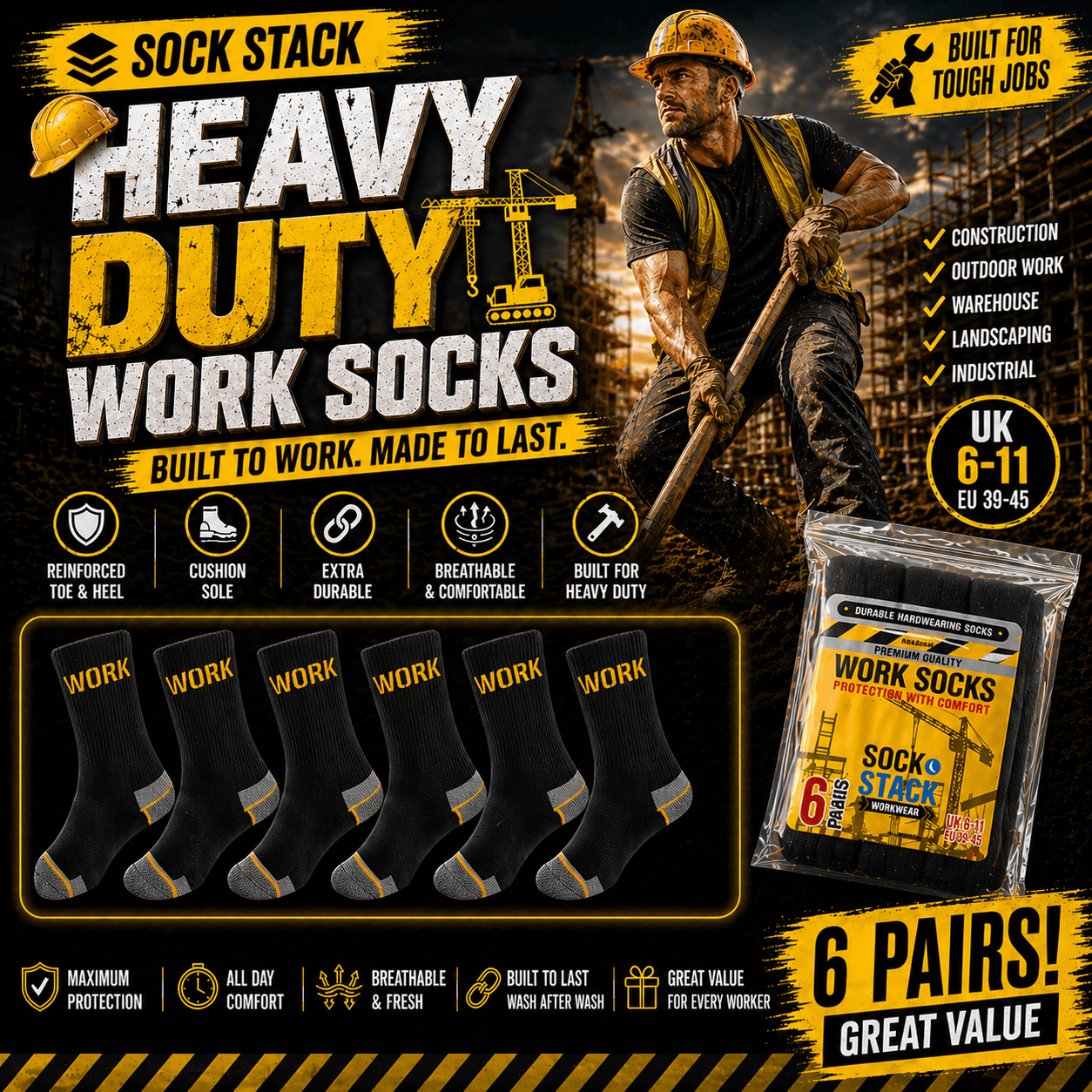 Men's Heavy Duty Work Socks 6 Pairs Cushion Sole Reinforced Toe And Heel Black Cotton Rich