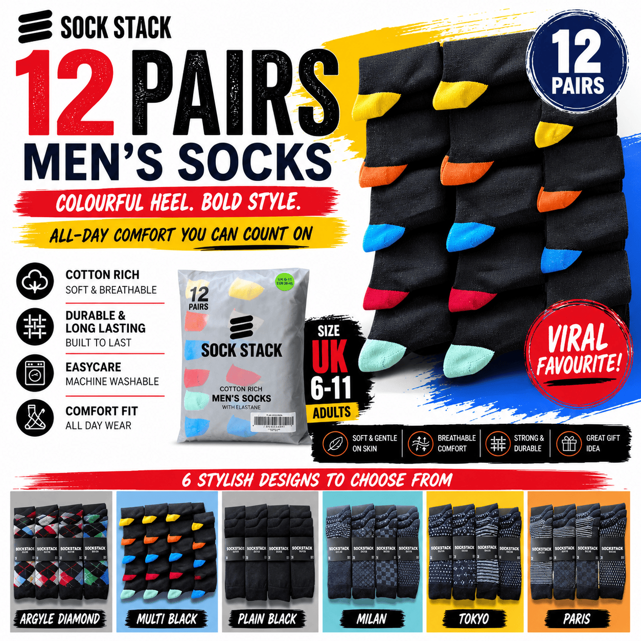 Men's Socks 12 Pairs Cotton Colorful Heel Toe Black Argyle Diamond Easycare