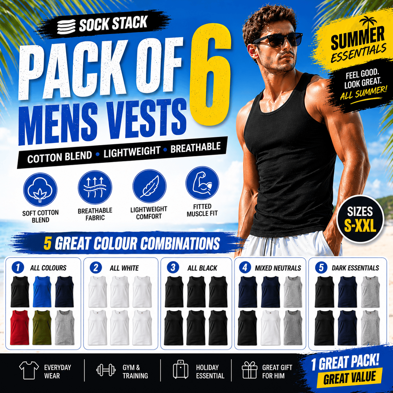 Men's Gym Muscle Vests 6 Pack – Cotton Blend, Fitted