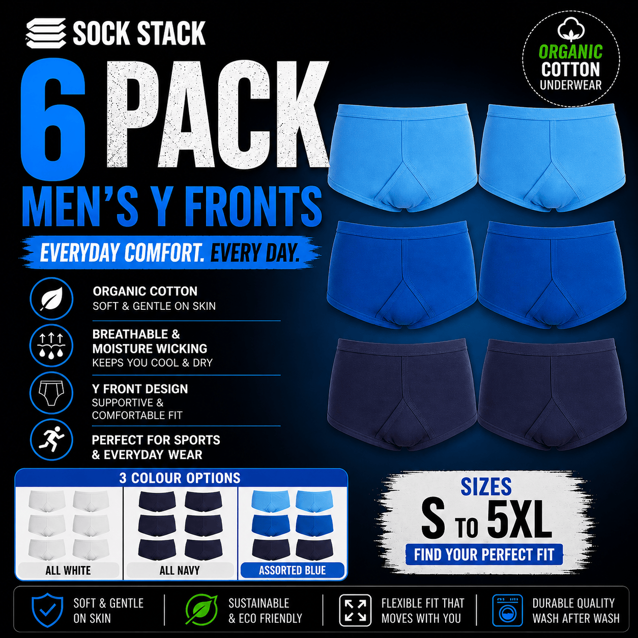 Pack Of 6 Men's Organic Cotton Y Front Underpants Breathable Moisture Wicking