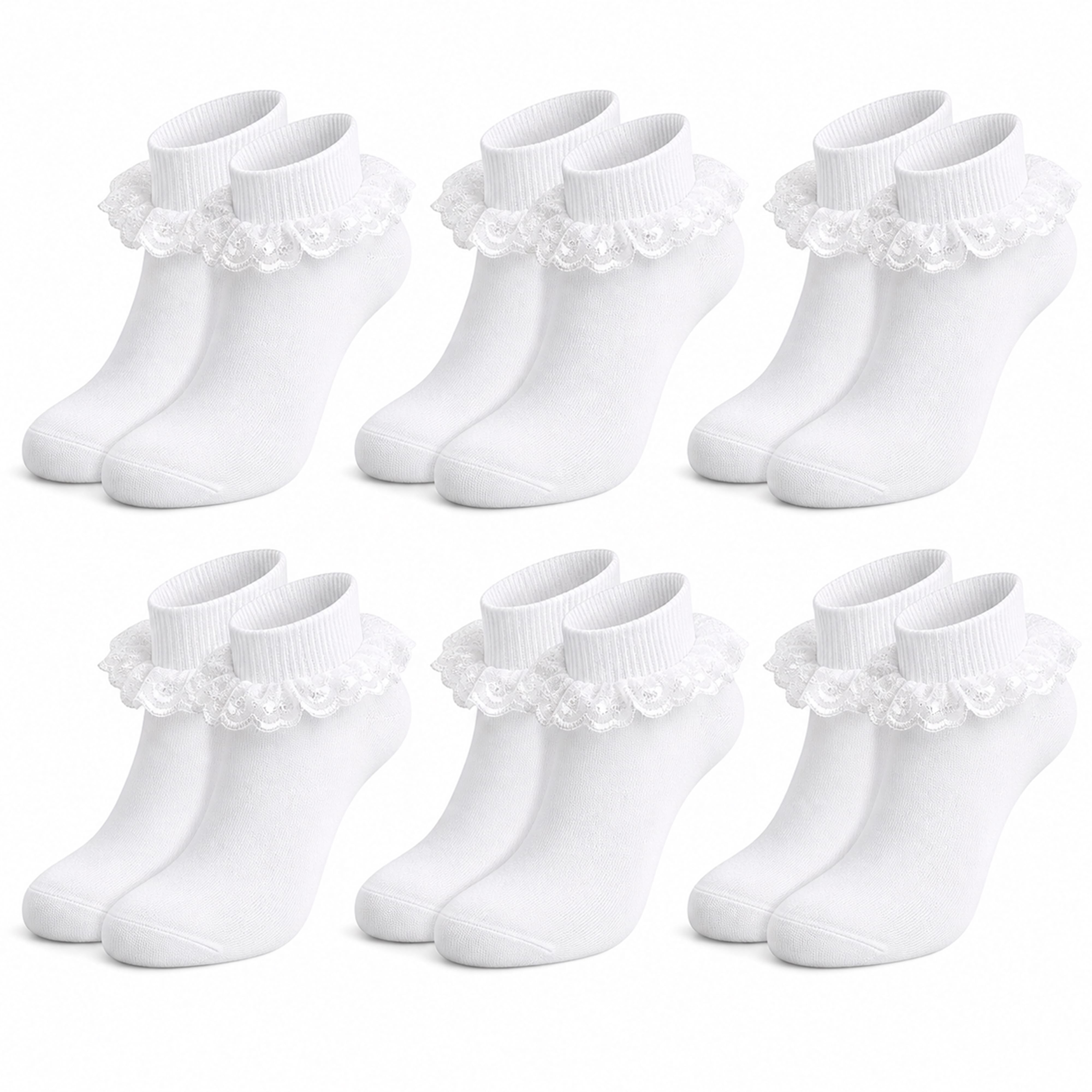 White Girls' Tutu Frilly Ankle Socks With Lace And Bow 6 Pairs Cotton Rich