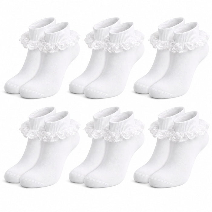 White Girls' Tutu Frilly Ankle Socks With Lace And Bow 6 Pairs Cotton Rich, WHITE
