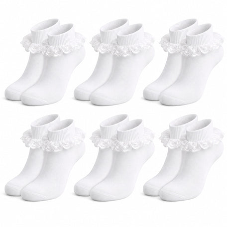 White Girls' Tutu Frilly Ankle Socks With Lace And Bow 6 Pairs Cotton Rich