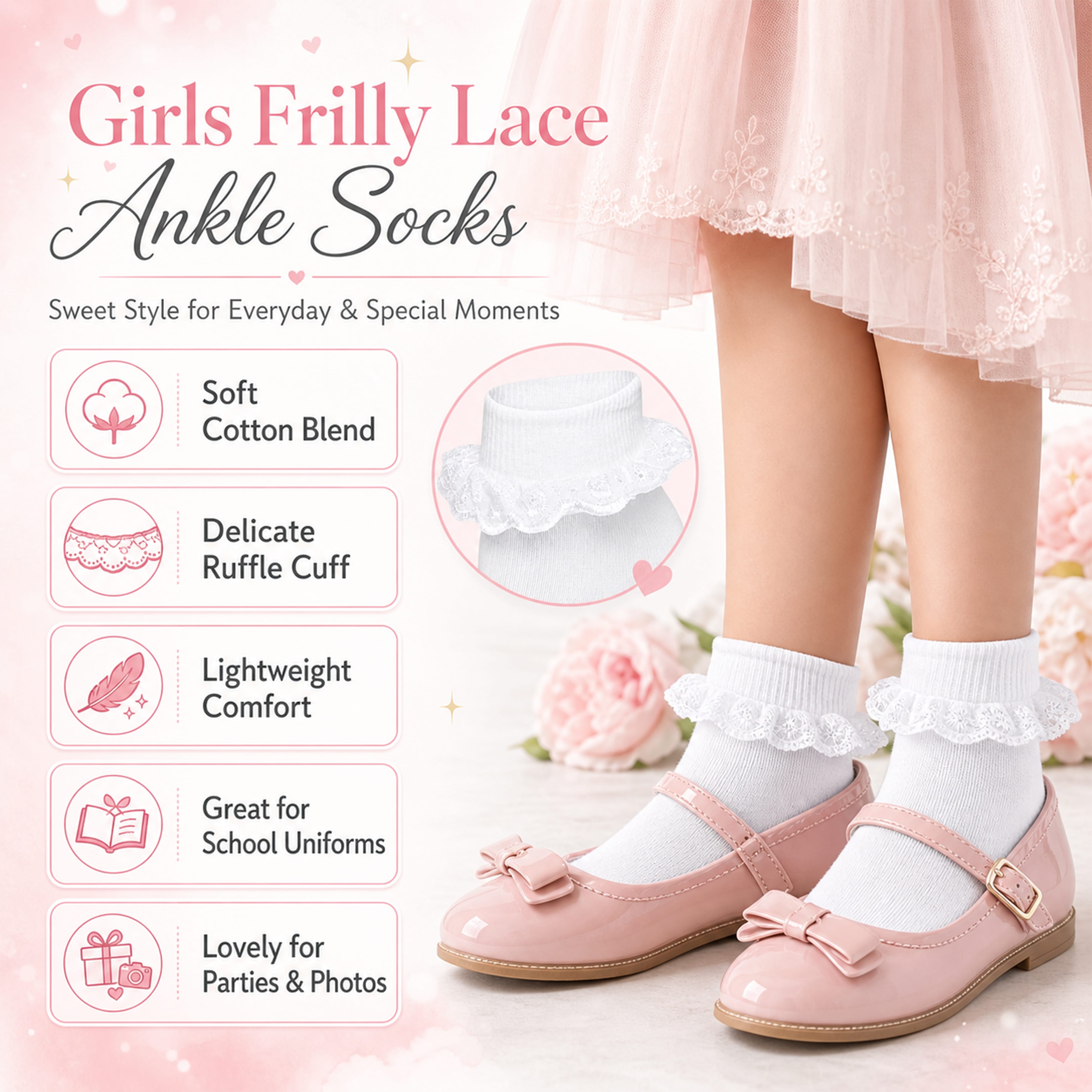 White Girls' Tutu Frilly Ankle Socks With Lace And Bow 6 Pairs Cotton Rich