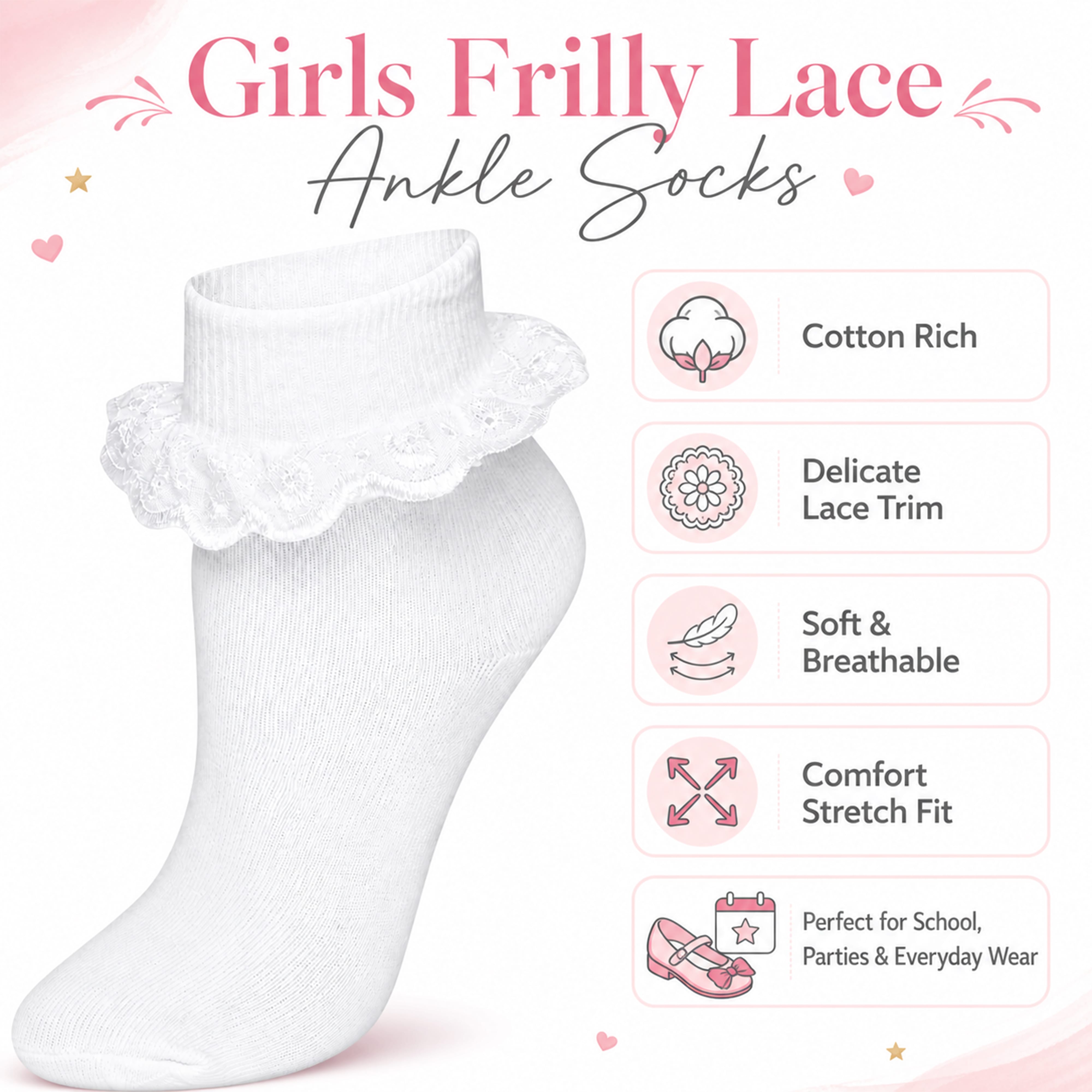 White Girls' Tutu Frilly Ankle Socks With Lace And Bow 6 Pairs Cotton Rich