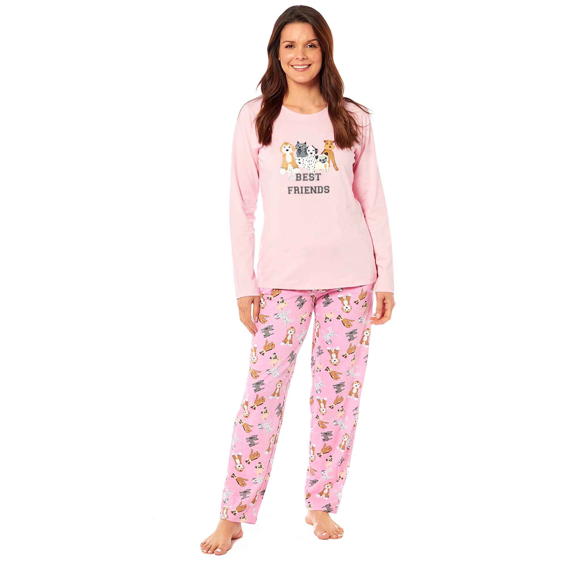 Women's Soft Pink Dogs Pyjama Lounge Set Jersey Cotton Easy Care