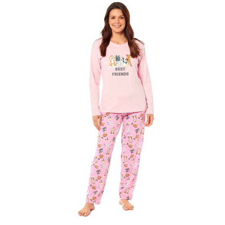Women's Soft Pink Dogs Pyjama Lounge Set Jersey Cotton Easy Care