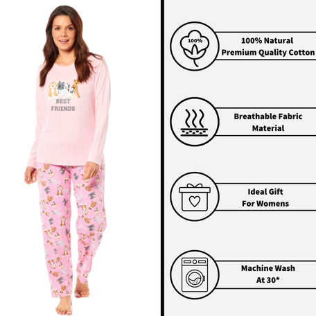 Women's Soft Pink Dogs Pyjama Lounge Set Jersey Cotton Easy Care