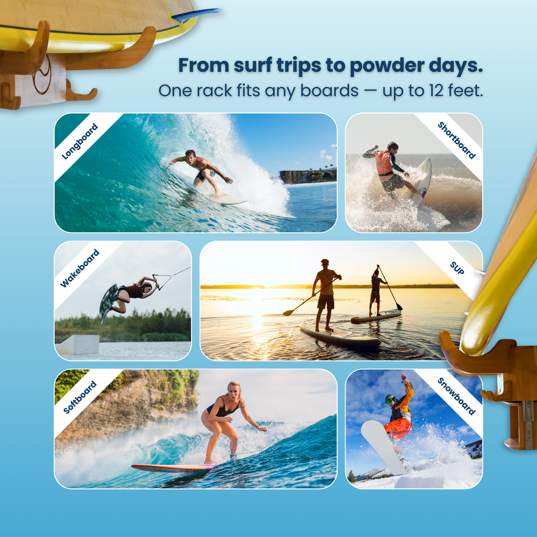 Living in Sunshine Solo Surfboard Wall Rack, Bamboo and Cork