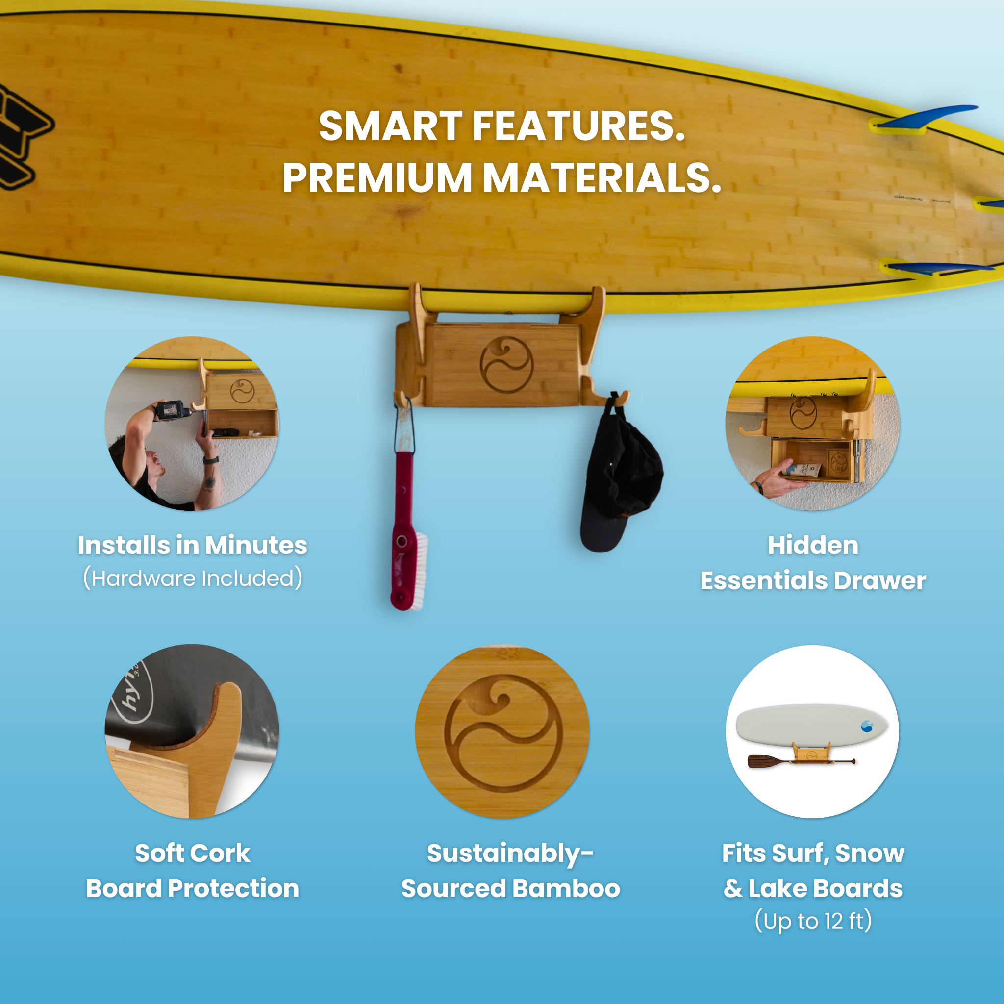 Living in Sunshine Solo Surfboard Wall Rack, Bamboo and Cork