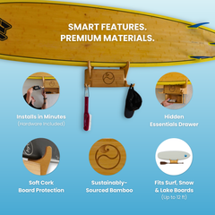 Living in Sunshine Solo Surfboard Wall Rack, Bamboo and Cork