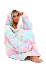 Tie Dye Rainbow Oversized Hooded Plush Fleece Wearable Blanket