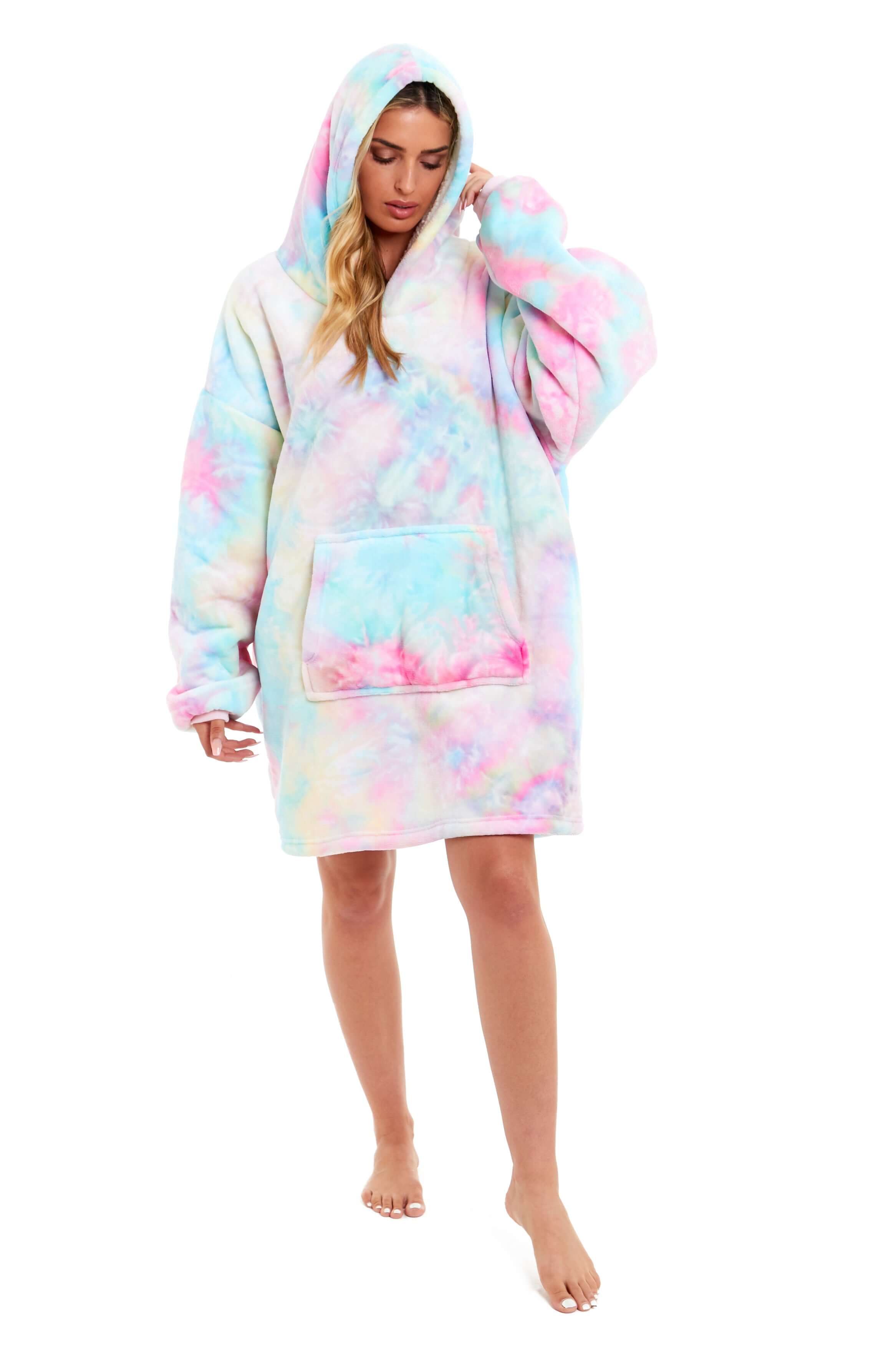 Tie Dye Rainbow Oversized Hooded Plush Fleece Wearable Blanket