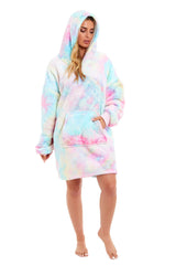 Tie Dye Rainbow Oversized Hooded Plush Fleece Wearable Blanket