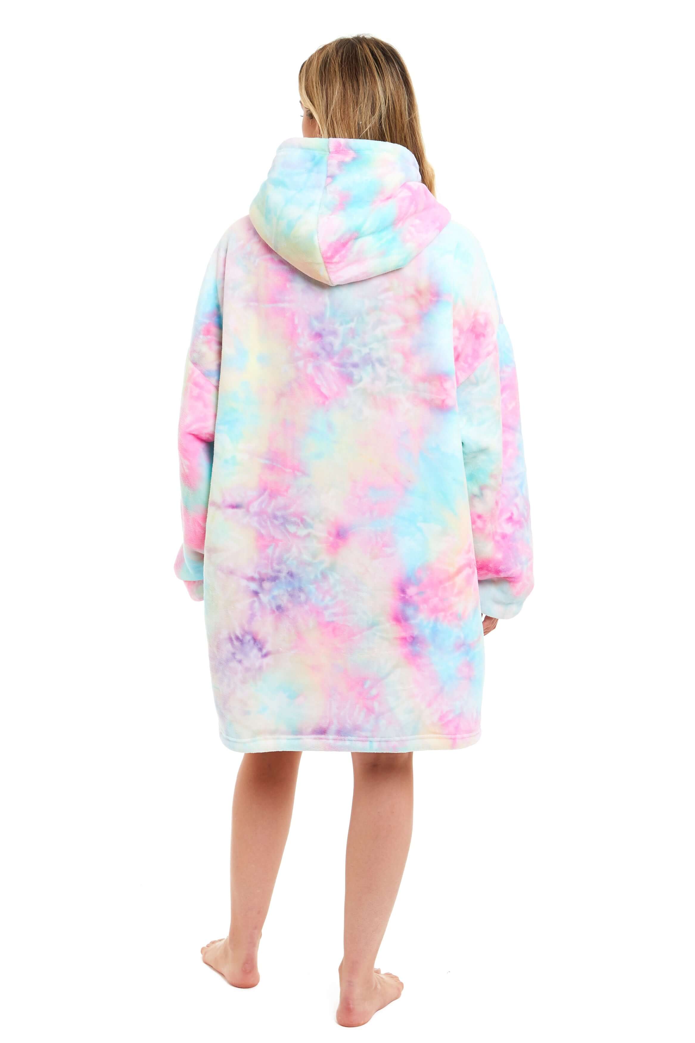 Tie Dye Rainbow Oversized Hooded Plush Fleece Wearable Blanket