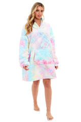 Tie Dye Rainbow Oversized Hooded Plush Fleece Wearable Blanket