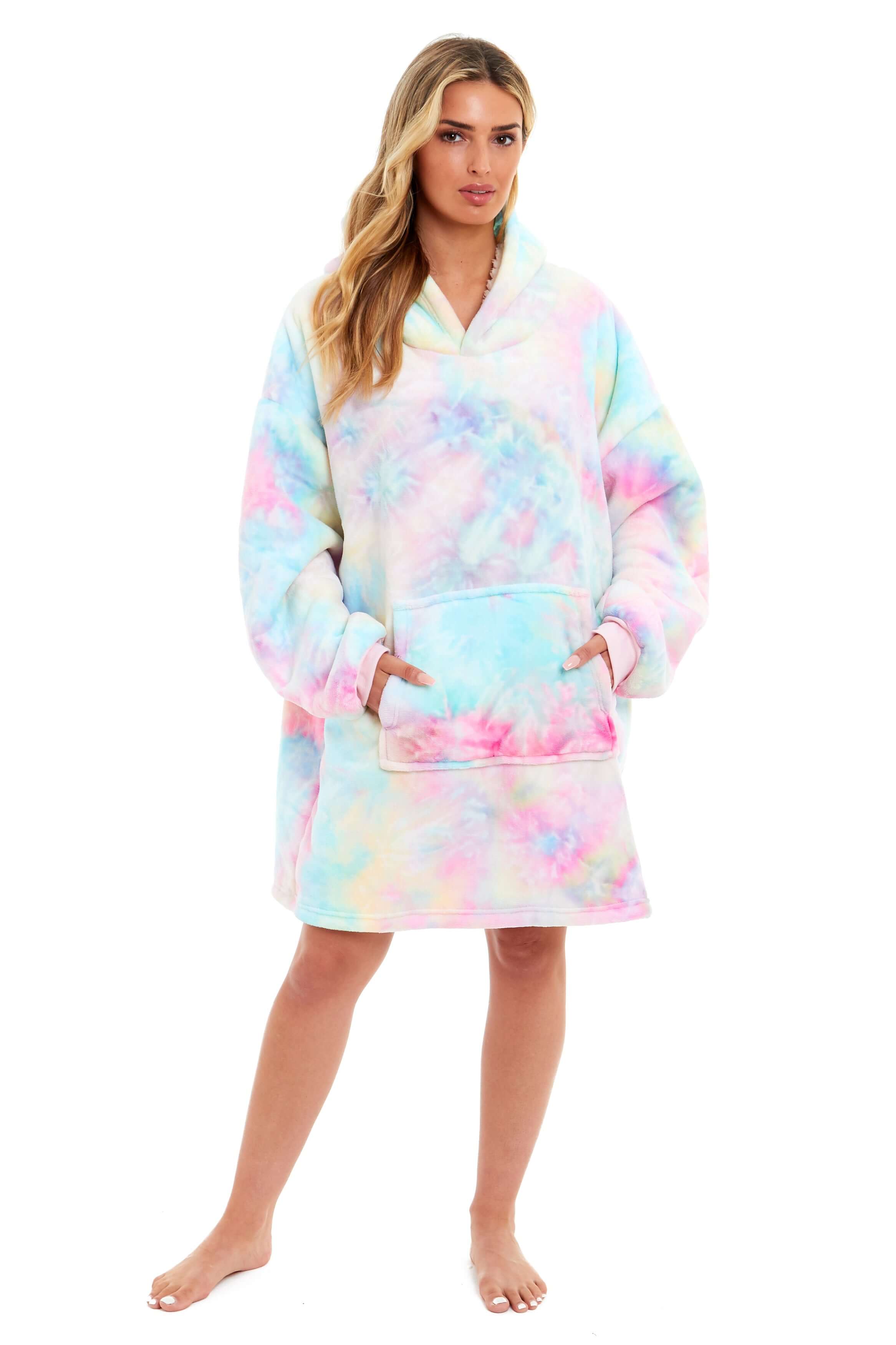 Tie Dye Rainbow Oversized Hooded Plush Fleece Wearable Blanket